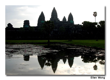 Angkor Wat is brilliantly reflected under the morning sun.