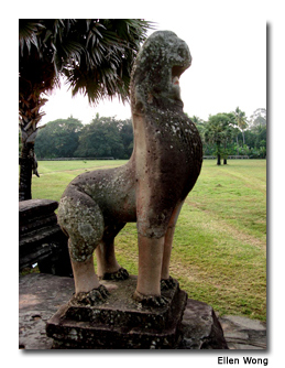 An imposing stone sculpture guards the main causeway.
