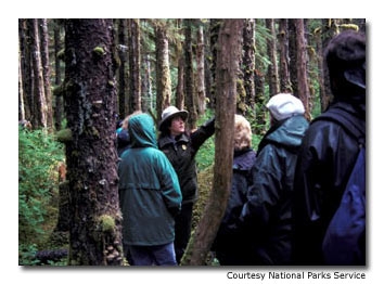 A park ranger leads an interpretive walk on the Forest Loop Trail in Bartlett Cove.