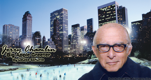 Jerry Chamlin: Big Apple Greeter with Manhattan skyline in background 