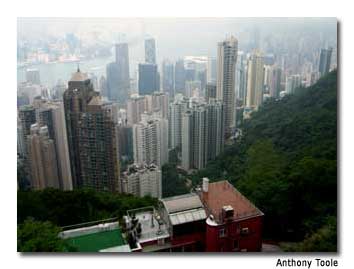 While hazy, the view from Victoria Peak encompasses the sprawling city.