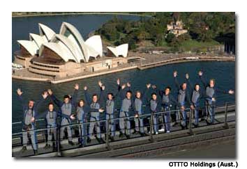 Climbers on the BridgeClimb experience wear matching jumpsuits fitted with all the necessities for this challenging climb.