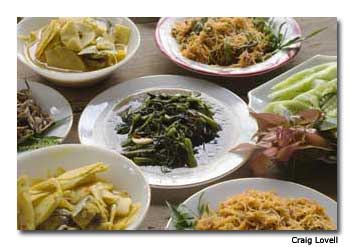 A typical evening feast consists of fresh seafood and vegetables.