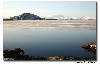 The view of Pingvallavatn Lake and its two volcanic islands, Sandey and Nesjaey.