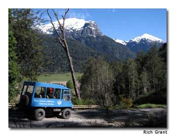 Four-wheel-drive vehicles departing from Peulla take visitors high into the Andes.
