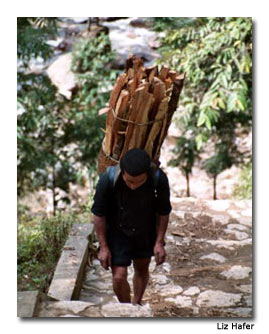Villagers carry heavy loads of rock, wood and bamboo.