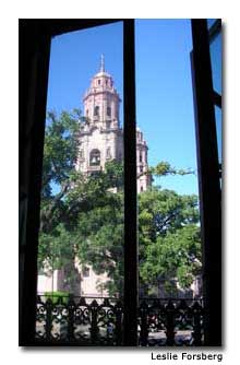 The Morelia Cathedral as seen through a window.