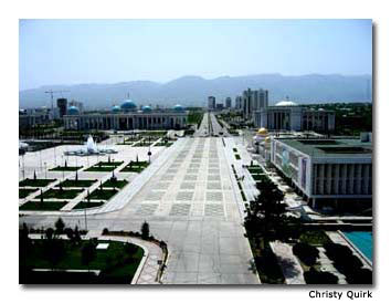 Downtown Ashgabat is empty at lunchtime on a weekday.