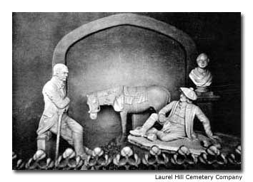 This 1920s photo shows Old Mortality, a sculpture situated at the entrance of Laurel Hill cemetery. Installed when the cemetery opened in 1836, the sculpture is based on a Walter Scott story.