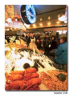 The bustling Pike Place Market draws visitors and locals alike for fresh seafood, local farm produce and crafts.