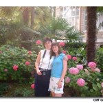 The author with her daughter, Laurien, in the convent gardens.