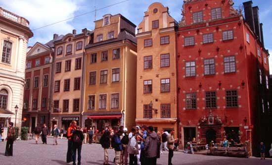 Locals enjoy a summer evening in Gamla Stan in Stockholm.