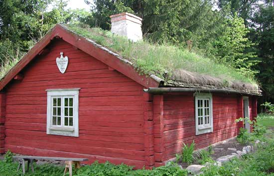 This sod-roof house can be found at Skansen, Stockholm's living air museum. Historical homes from around Sweden have been preserved and moved to Skansen.