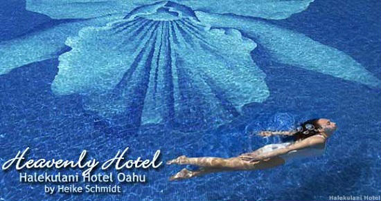 A cattleya orchid mosaic decorates the bottom of the Halekulani Hotel swimming pool.