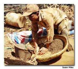 A gem stone miner sorts through the slush pit in