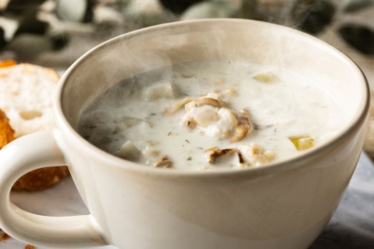 A bowl of hearty Boston clam chowder