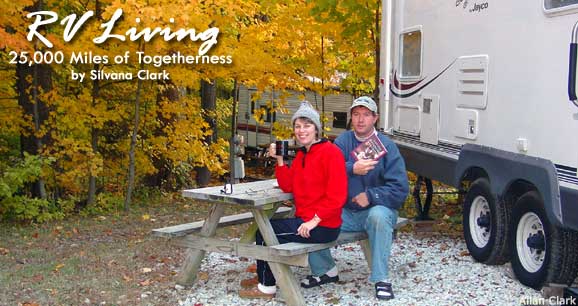 The author and her husband enjoy an outdoor breakfast next to their fifth wheel RV