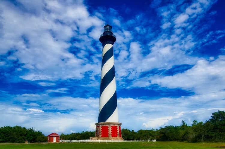 Outer Banks, North Carolina, features five lighthouses, including the Cape Hatteras, the nation's tallest. 