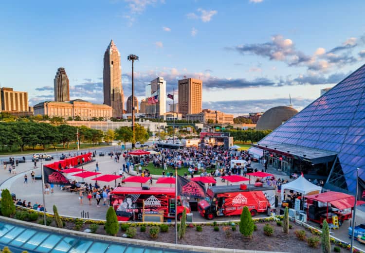 Aerial Drone Photo of the Rock and Roll Hall of Fame in Downtown Cleveland/Summer 2019. Taken by aerial agents