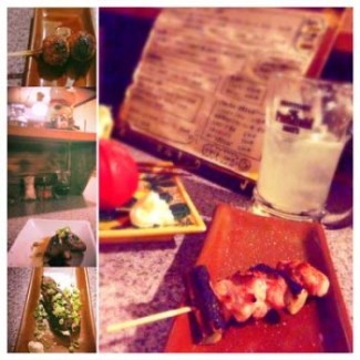 A collage of photos from a more recent dinner -- grilled eggplant (nasu), shitake mushrooms, and chicken meatballs (tsukune), and a chicken & leek skewer (negi ma). The mug is filled with a refreshing grapefruit (fresh squeezed!) sour, which is a popular mixed drink using fruit juice or tea and shochu (Japanese alcohol, like a lighter vodka). 