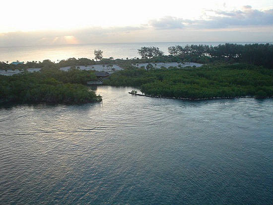 The Panama Canal opens up into the ocean. 