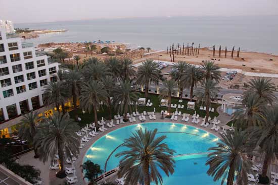 A hazy view of the Dead Sea from my resort window. Jordan lies just across the water. Photo by Janna Graber