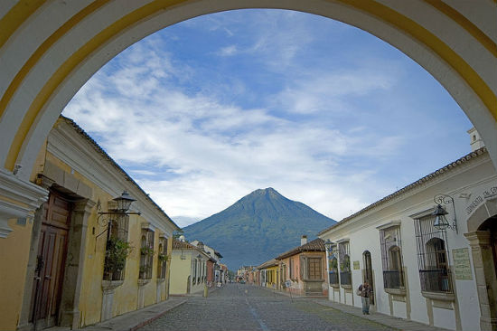 Hiking in Guatemala. The Agua Volcano can be seen prominently from town.