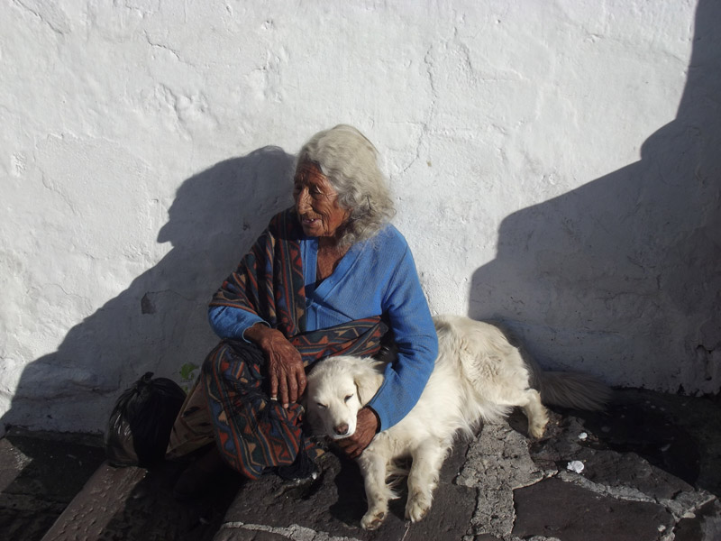 Travel in Ecuador - An elderly woman and her beloved dog in the Plaza San Francisco. Photo by Irene Middleman Thomas