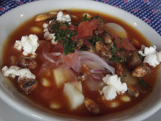 A typical Ecuadorian stew with "choclo" - (popcorn). Photo by Irene Middleman Thomas