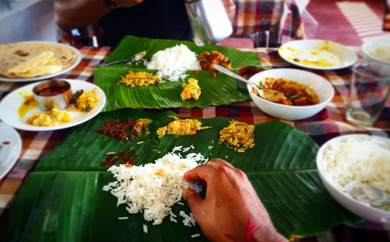 Traditional food served on a banana leaf. Curious monkeys check out the camera. It took an eight-hour bus ride to reach Kumily. Photo by Anup Baria