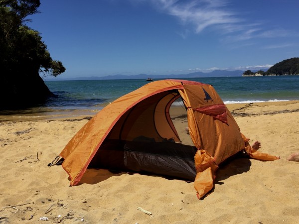 The author's quiet camp at Observation Beach at Abel Tasman National Park. Photo by Ali Van Houten