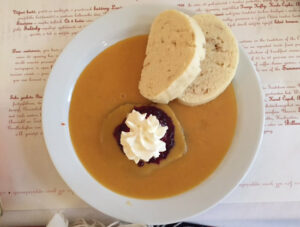 My favorite dish is my favorite Czech dish so far is svíčková, Czech dumplings, braised beef and cranberry compote mixed in a thick vegetable and sour cream sauce. Photo by Janna Graber