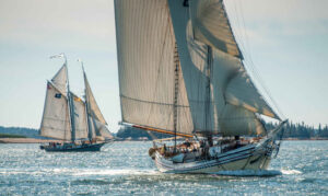 The Heritage sails the waters of Maine, followed by the Lewis R. French. Photo Maine Windjammer Association
