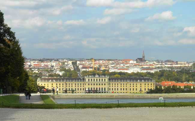 Schönbrunn Palace was the summer palace of the Habsburg family. St. Stephens Cathedral stands in the distance. Photo by Janna Graber