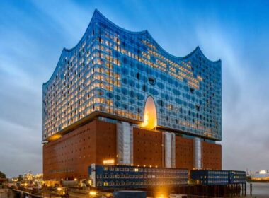 The Elbphilharmonie in Hamburg is surrounded by water on three sides. Photo by Hamburg Tourism, Thies Ratzke