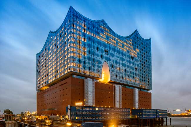 The Elbphilharmonie in Hamburg is surrounded by water on three sides. Photo by Hamburg Tourism, Thies Ratzke