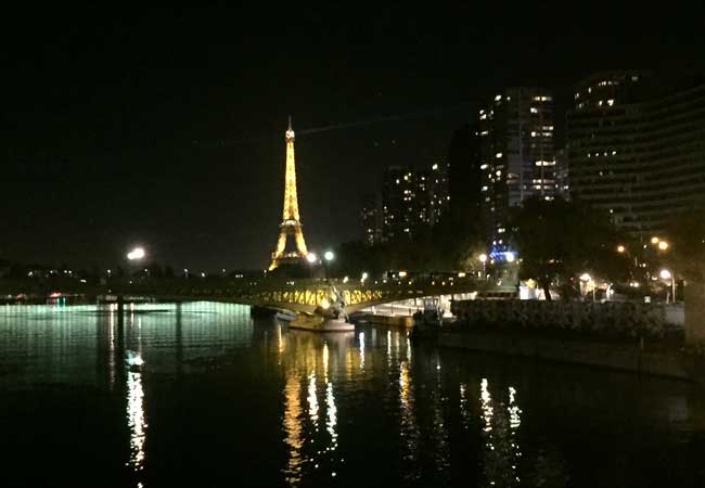 The Eiffel Tower comes into view as we cruise into Paris. Photo by Janna Graber