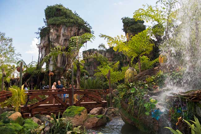 Home to the Na’vi, Pandora features floating mountains, waterfalls, streams and a rainforest filled with bizarre plants. Photo by Steven Diaz