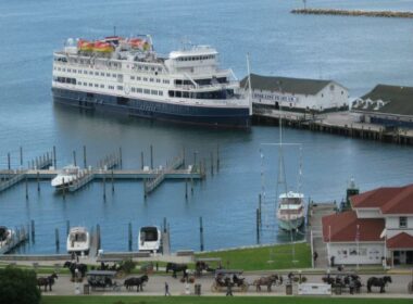 Great Lakes Cruise. Victory 1 cruise ship docked at Mackinac Island Michigan. Photo by Pat Woods