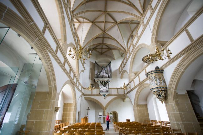 A very simple chapel inside Torgau’s ornate Schloss Hartenfels with its magnificent exterior spiral staircase is deemed to be the first Protestant church (Photo credit: Andreas Franke)