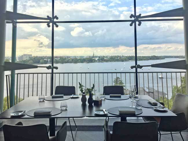 The morning view of Alster Lake from HERITAGE Restaurant & Bar at Le Méridien Hamburg. Photo by Janna Graber