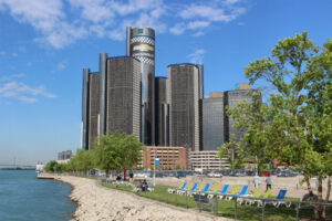 GM Headquarters complex in Detroit along the Detroit River.
