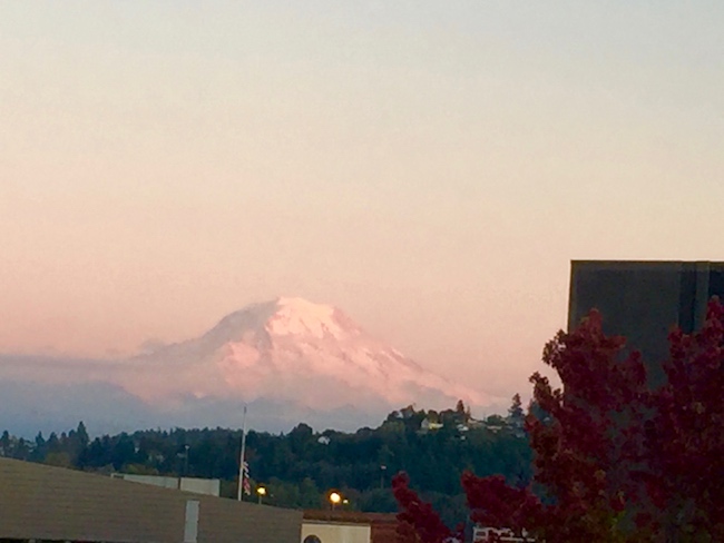 Mt. Rainier seen from the dining room window of Hotel Murano. Photo by Claudia Carbone