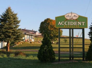 towns with unusual names A welcome sign for Accident, Maryland. Photo by Garrett County Chamber of Commerce.