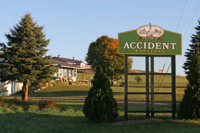 towns with unusual names A welcome sign for Accident, Maryland. Photo by Garrett County Chamber of Commerce.