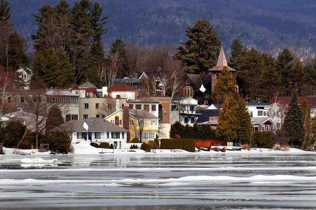 A view of Mirror Lake in Lake Placid, a community located in the Adirondacks of upstate New York . 