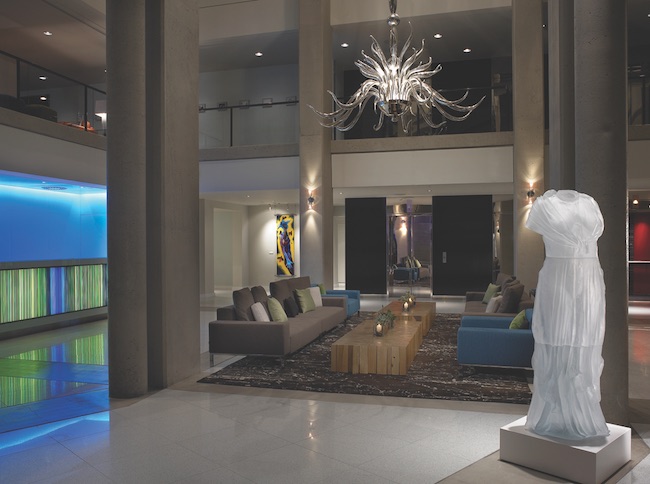 Lobby with Karen LaMonte's cast glass piece. Photo courtesy of Hotel Murano