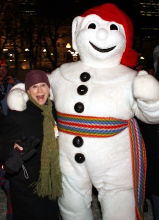 Travel writer Claudia Carbone with Bonhomme, the ambassador of the Quebec City Winter Carniva
