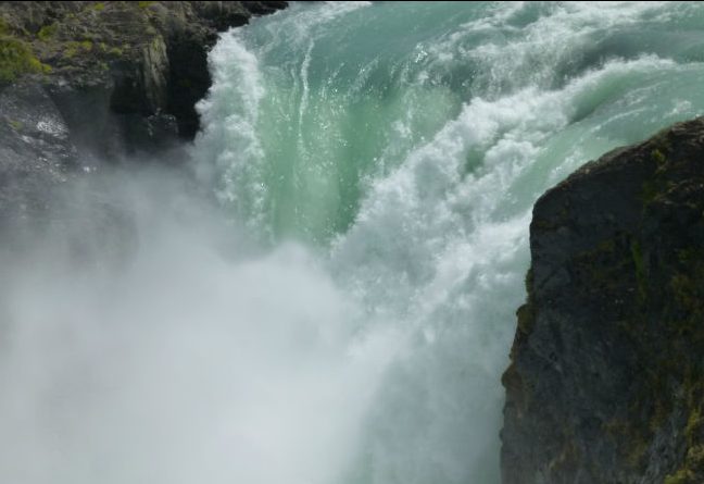 Salto Grande is a gushing turquoise waterfall set between Lago Nordenskjold and Lago Pehoe. Photo by Linda Ballou