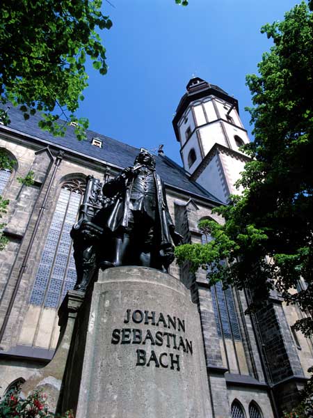 A memorial to Johann Sebastian Bach stands outside the St. Thomas Church in Leipzig, the 800-year-old Gothic Church where he worked from 1723 to 1750. (Saxony Tourism/LTM-Beck)